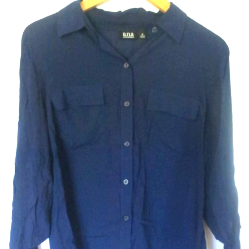 a.n.a. Navy Blue Button Front Long Sleeve Blouse Medium